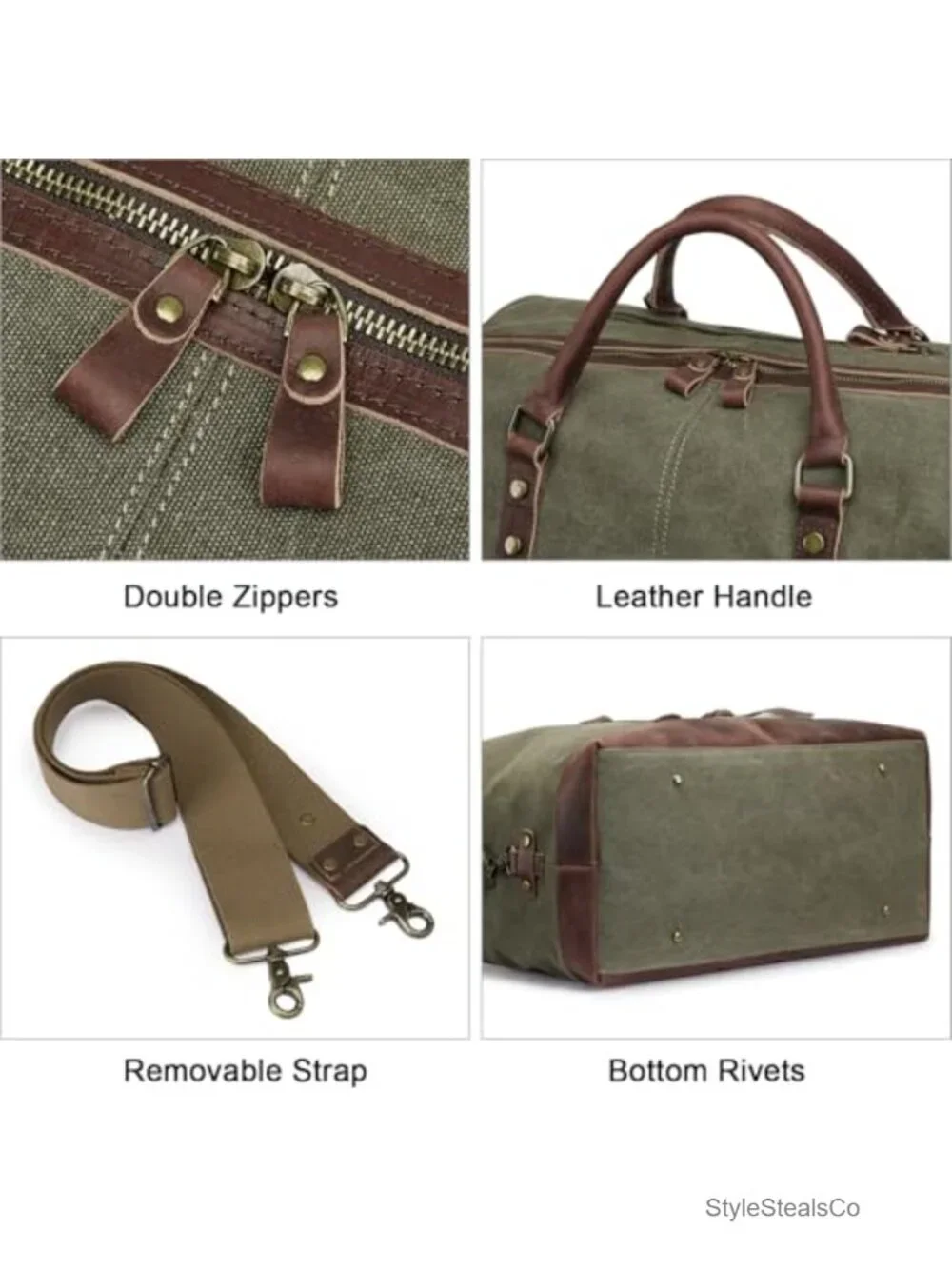 Canvas Duffle Bag with Genuine Leather Trim - Large Travel Weekender Carry On